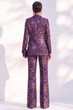 Blue Floral Print Notched Lapel Long Women Suits