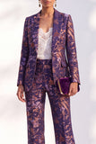 Blue Floral Print Notched Lapel Long Women Suits