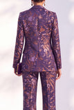 Blue Floral Print Notched Lapel Long Women Suits