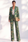 Blue Floral Print Notched Lapel Long Women Suits