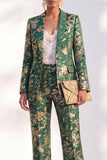 Blue Floral Print Notched Lapel Long Women Suits