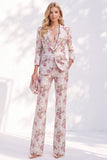 White Purple Flower Printed 3/4 Sleeves Women Suits