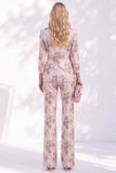 White Purple Flower Printed 3/4 Sleeves Women Suits
