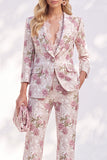 White Purple Flower Printed 3/4 Sleeves Women Suits
