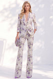 White Purple Flower Printed 3/4 Sleeves Women Suits