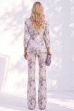 White Purple Flower Printed 3/4 Sleeves Women Suits