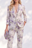 White Purple Flower Printed 3/4 Sleeves Women Suits