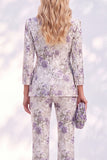 White Purple Flower Printed 3/4 Sleeves Women Suits