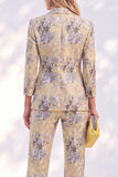 White Purple Flower Printed 3/4 Sleeves Women Suits