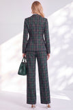 Vintage Green Grid Printed Pantsuits Notched Lapel Long Women Suits
