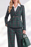 Vintage Green Grid Printed Pantsuits Notched Lapel Long Women Suits