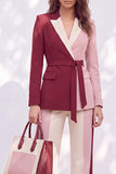 Pink Burgundy Two Piece Peak Lapel Belt Women Suits with Belt