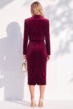 Burgundy Velvet Bodycon Notched Lapel Long Sleeves Midi Women Suits