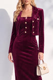 Burgundy Velvet Bodycon Notched Lapel Long Sleeves Midi Women Suits