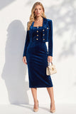 Burgundy Velvet Bodycon Notched Lapel Long Sleeves Midi Women Suits