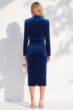 Burgundy Velvet Bodycon Notched Lapel Long Sleeves Midi Women Suits