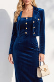 Burgundy Velvet Bodycon Notched Lapel Long Sleeves Midi Women Suits