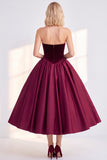 Burgundy Corset Strapless A-Line Tea-Length Velvet Dress