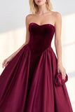 Burgundy Corset Strapless A-Line Tea-Length Velvet Dress