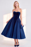 Burgundy Corset Strapless A-Line Tea-Length Velvet Dress
