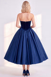 Burgundy Corset Strapless A-Line Tea-Length Velvet Dress
