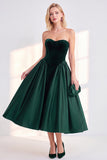 Burgundy Corset Strapless A-Line Tea-Length Velvet Dress