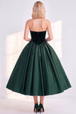 Burgundy Corset Strapless A-Line Tea-Length Velvet Dress