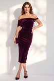 Burgundy Bodycon Off the Shoulder Midi Velvet Cocktail Dress