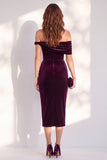 Burgundy Bodycon Off the Shoulder Midi Velvet Cocktail Dress