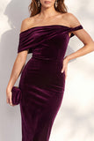 Burgundy Bodycon Off the Shoulder Midi Velvet Cocktail Dress