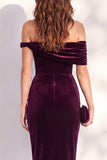 Burgundy Bodycon Off the Shoulder Midi Velvet Cocktail Dress