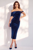 Burgundy Bodycon Off the Shoulder Midi Velvet Cocktail Dress