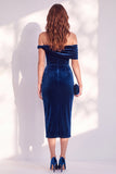 Burgundy Bodycon Off the Shoulder Midi Velvet Cocktail Dress