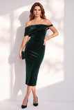 Burgundy Bodycon Off the Shoulder Midi Velvet Cocktail Dress