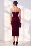 Burgundy Corset Sheath Strapless Velvet Dress