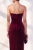 Burgundy Corset Sheath Strapless Velvet Dress