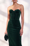 Burgundy Corset Sheath Strapless Velvet Dress