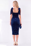 Dark Blue Bodycon Square Neck Bow-Strap Ruched Midi Velvet Dress
