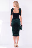 Dark Blue Bodycon Square Neck Bow-Strap Ruched Midi Velvet Dress