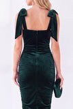 Dark Blue Bodycon Square Neck Bow-Strap Ruched Midi Velvet Dress
