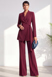 Burgundy Two Piece Shawl Lapel Pleated Long Women Suits