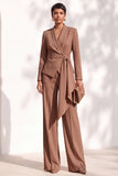 Brown Pantsuits Shawl Lapel Long Sleeves Sash Women Suits