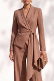 Brown Pantsuits Shawl Lapel Long Sleeves Sash Women Suits