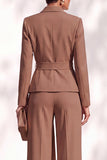 Brown Pantsuits Shawl Lapel Long Sleeves Sash Women Suits
