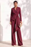 Brown Pantsuits Shawl Lapel Long Sleeves Sash Women Suits
