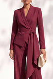 Brown Pantsuits Shawl Lapel Long Sleeves Sash Women Suits