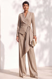 Brown Pantsuits Shawl Lapel Long Sleeves Sash Women Suits