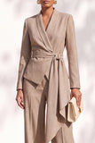 Brown Pantsuits Shawl Lapel Long Sleeves Sash Women Suits