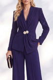 Berlin Blue Pantsuits V-Neck Ruched Long Women Suits
