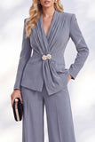 Berlin Blue Pantsuits V-Neck Ruched Long Women Suits